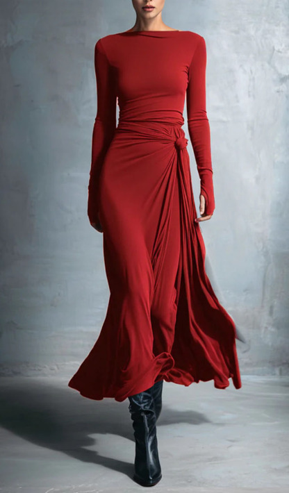 Women Round Neck Solid Color Elegant Temperament Dress