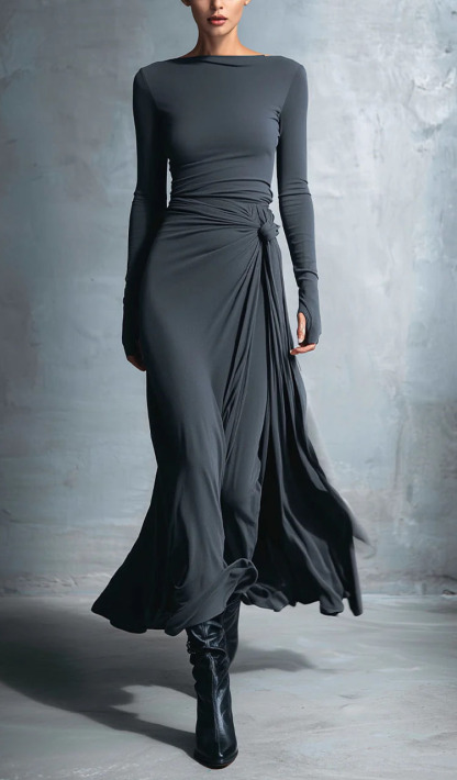 Women Round Neck Solid Color Elegant Temperament Dress