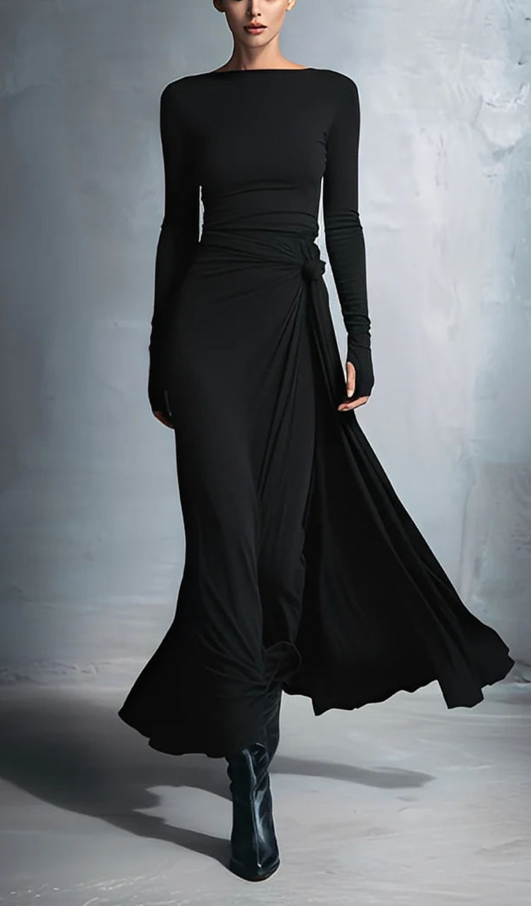 Women Round Neck Solid Color Elegant Temperament Dress