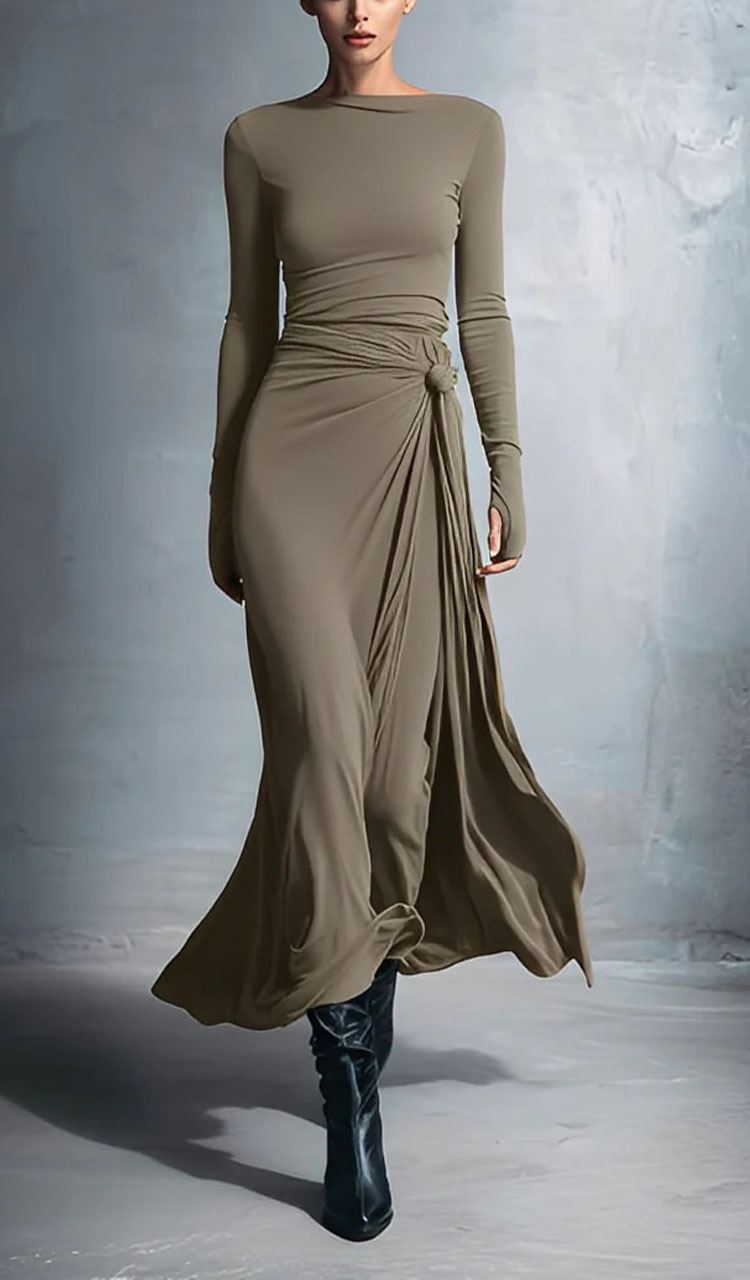 Women Round Neck Solid Color Elegant Temperament Dress