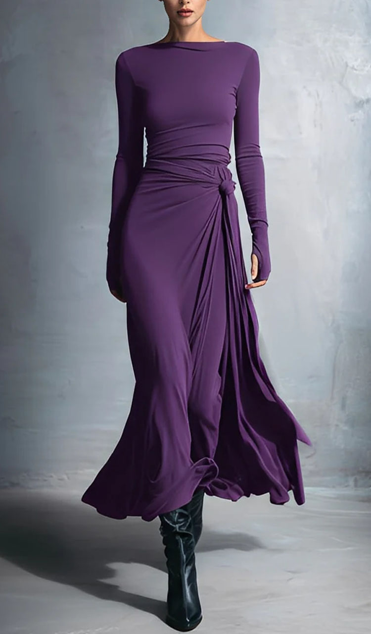 Women Round Neck Solid Color Elegant Temperament Dress