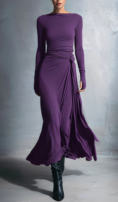 Women Round Neck Solid Color Elegant Temperament Dress