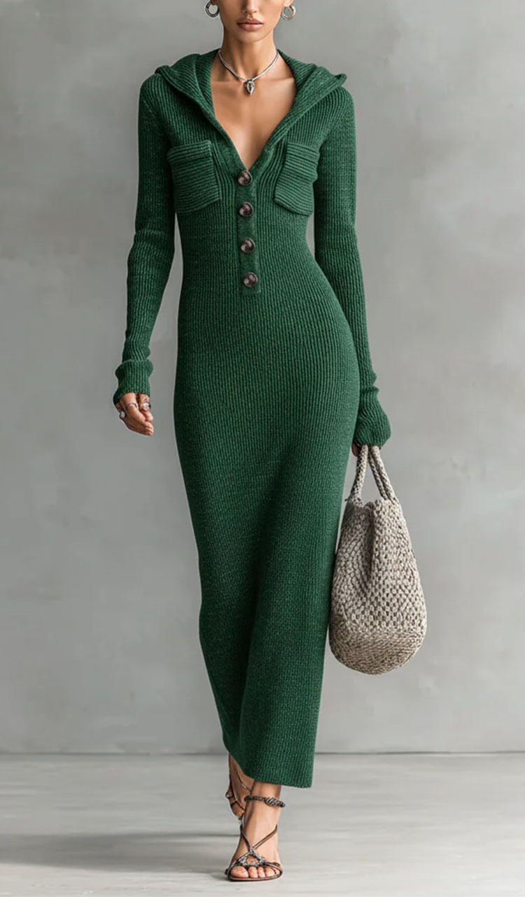 Women Hooded Half Breasted Elegant Casual Dress