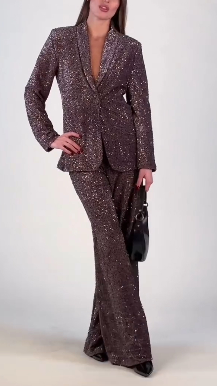 Women Laple Collar Jacket+ Pants with Sequins and Fine Glitter Temperament Leisure Suit