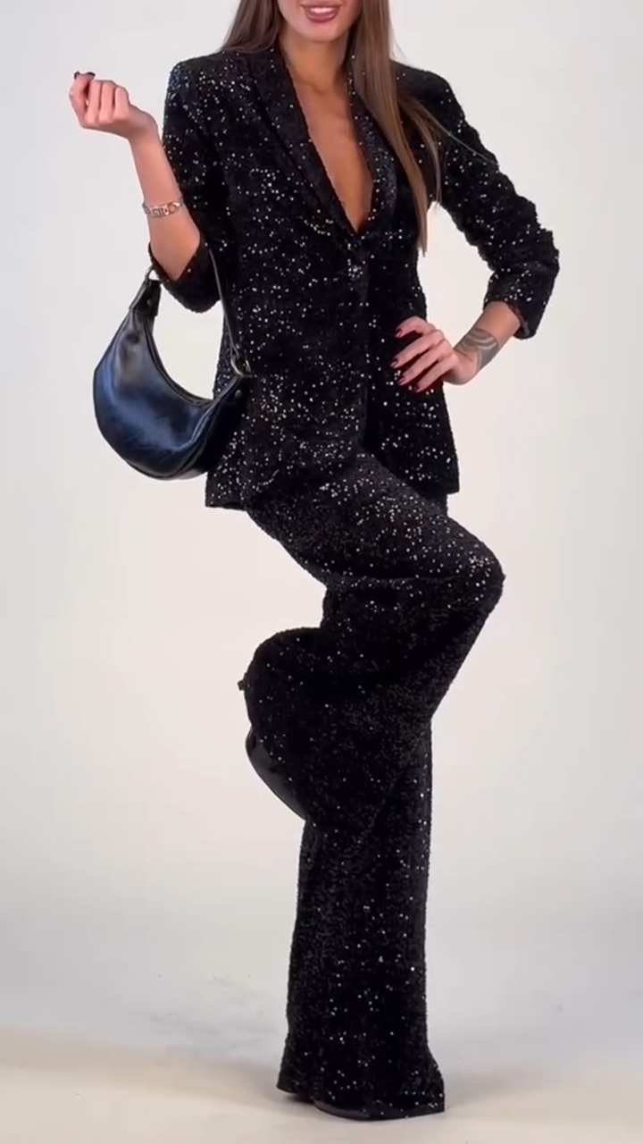 Women Laple Collar Jacket+ Pants with Sequins and Fine Glitter Temperament Leisure Suit