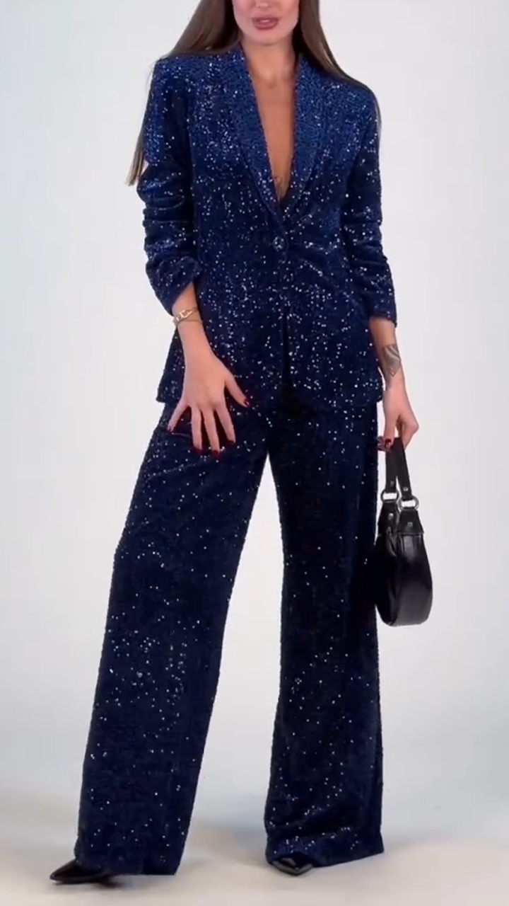 Women Laple Collar Jacket+ Pants with Sequins and Fine Glitter Temperament Leisure Suit