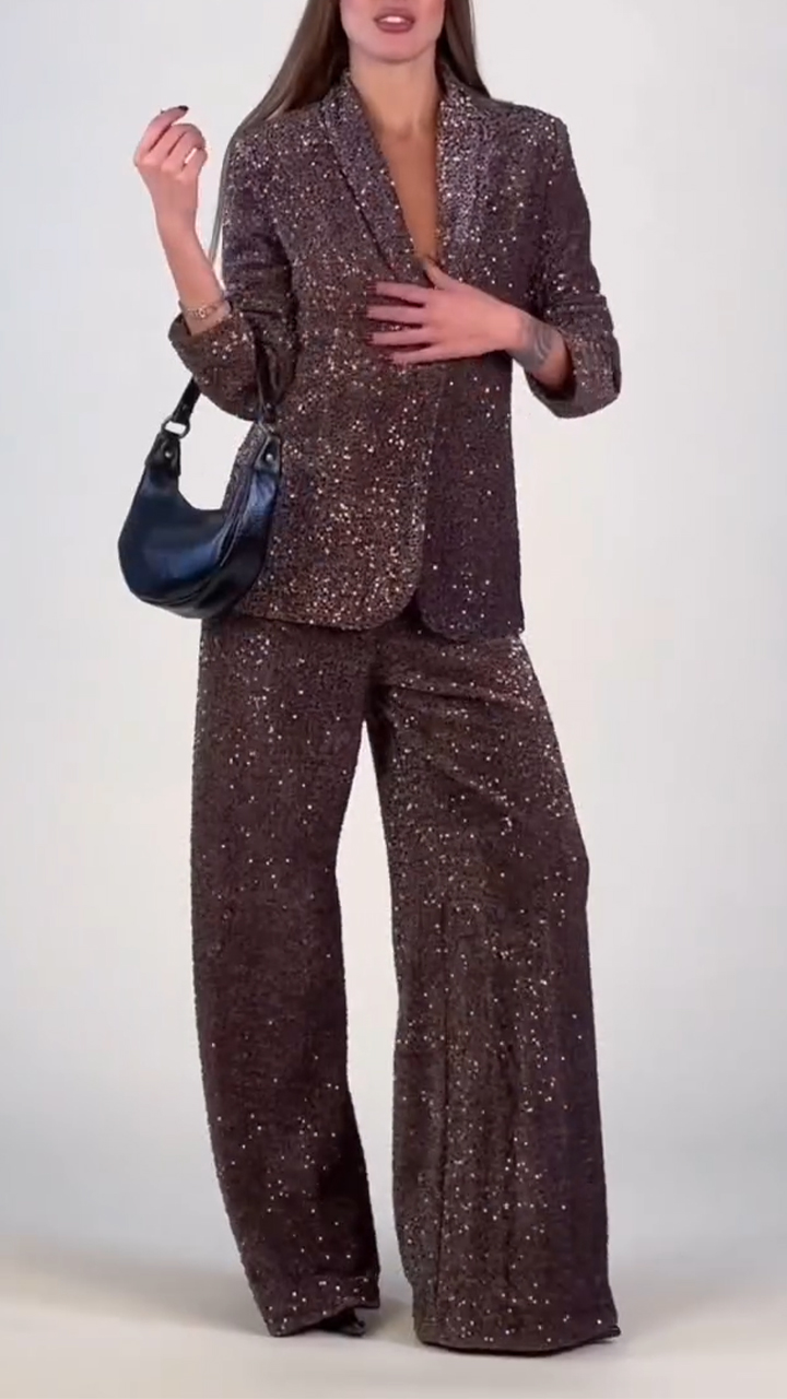 Women Laple Collar Jacket+ Pants with Sequins and Fine Glitter Temperament Leisure Suit
