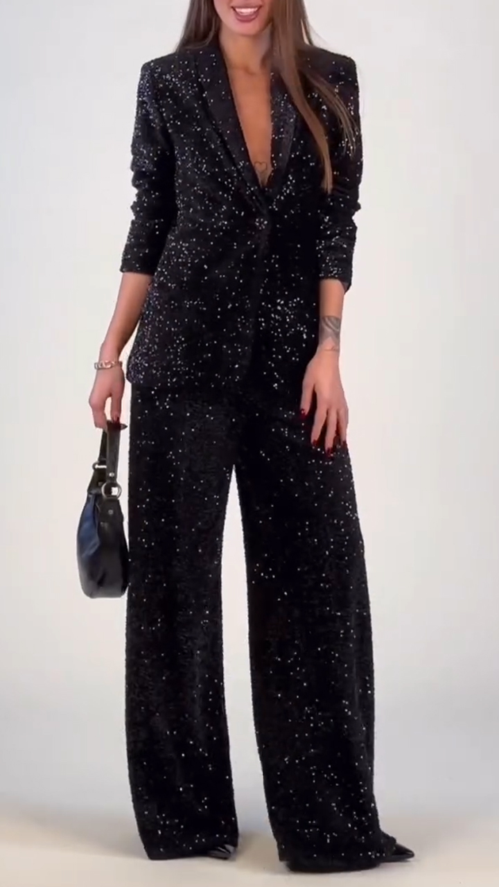 Women Laple Collar Jacket+ Pants with Sequins and Fine Glitter Temperament Leisure Suit