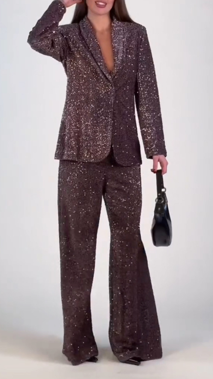 Women Laple Collar Jacket+ Pants with Sequins and Fine Glitter Temperament Leisure Suit