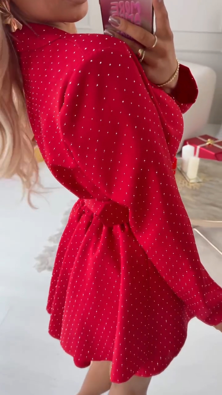 Womens Laple Collar Hot Pressed Diamond Waist Elegant Temperament Dress