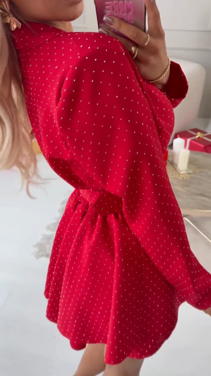 Womens Laple Collar Hot Pressed Diamond Waist Elegant Temperament Dress