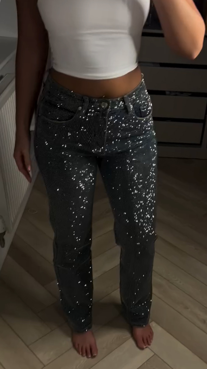 Women Rhinestone Sparkling Washed Casual Jeans
