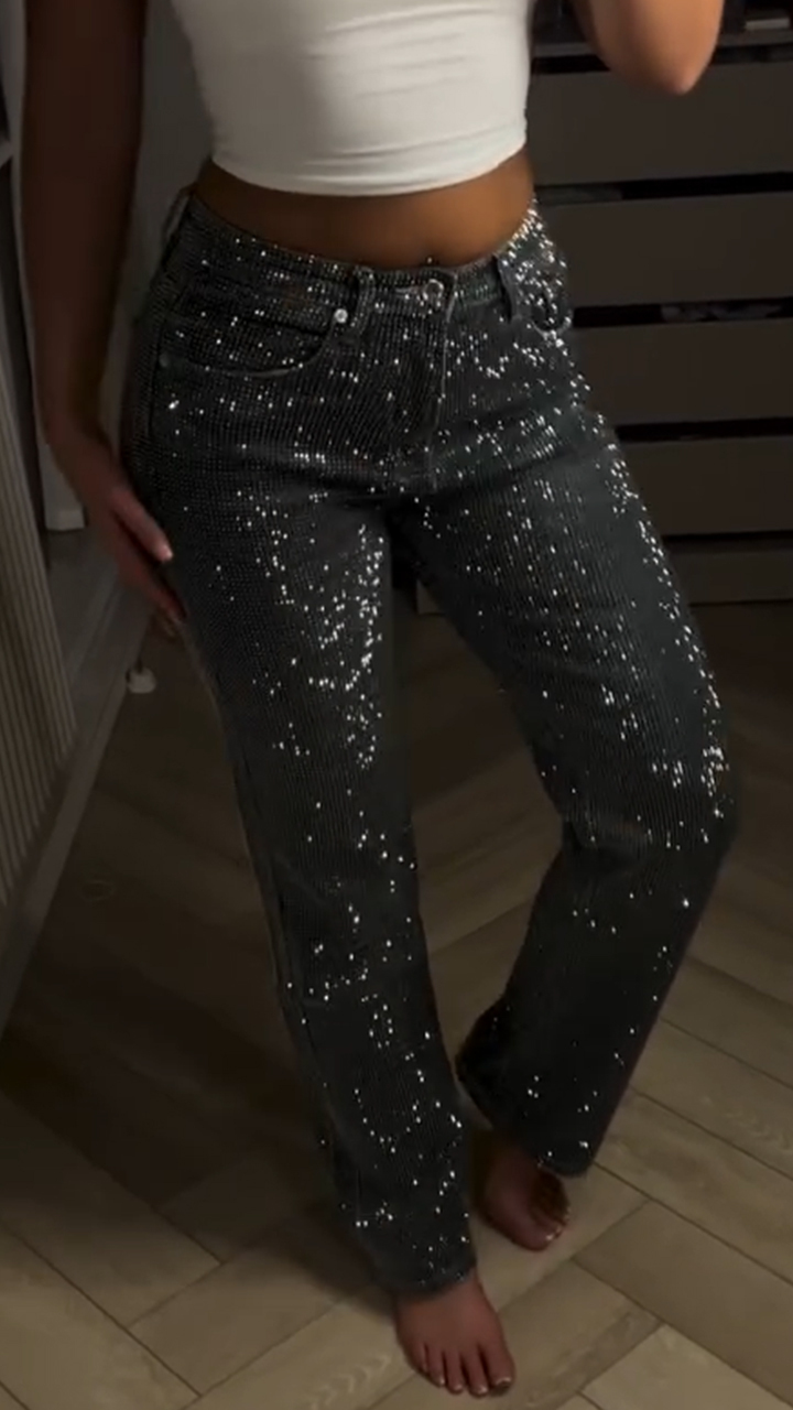 Women Rhinestone Sparkling Washed Casual Jeans