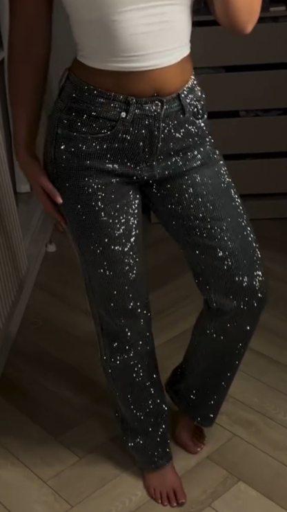 Women Rhinestone Sparkling Washed Casual Jeans