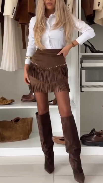 Women Laple Collar Shirt+ Patchwork Tassel Half Skirt Temperament Commuting Set