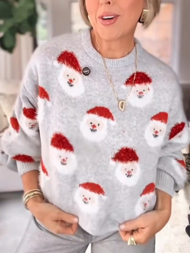 Women Round Neck Christmas Element Printed Casual Sweater
