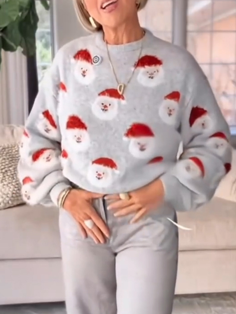 Women Round Neck Christmas Element Printed Casual Sweater