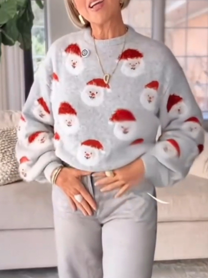 Women Round Neck Christmas Element Printed Casual Sweater