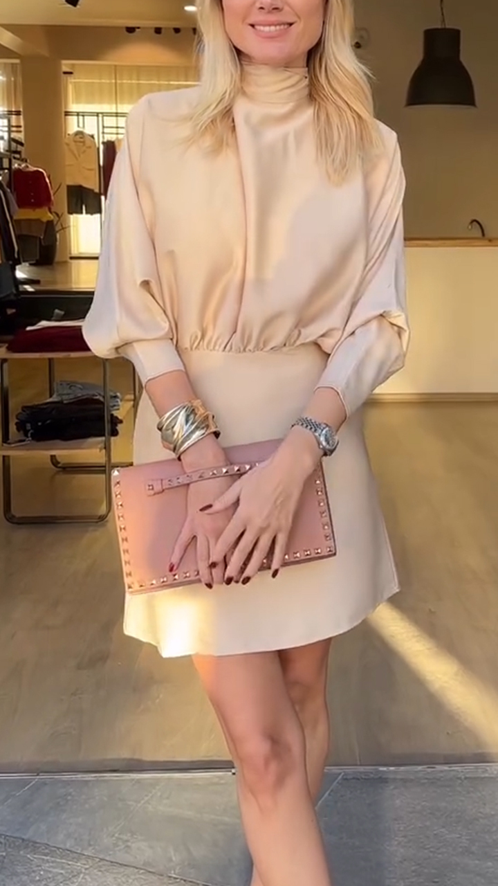 Women High Neck Patchwork Elegant Temperament Dress