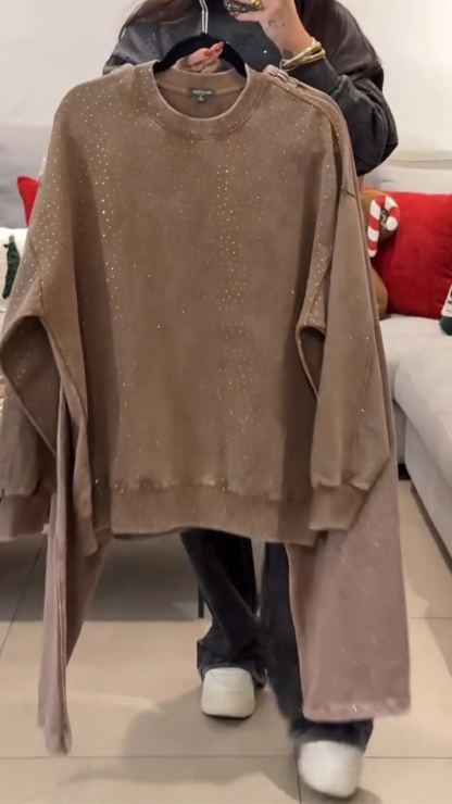 Women Round Neck Rhinestone Hot Stamping Casual Suit