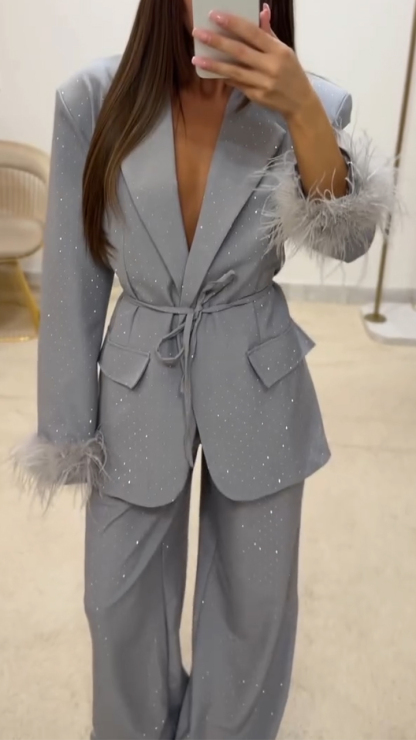 Women Laple Collar Hot Diamond Jacket+ Pants Temperament Commuting Set