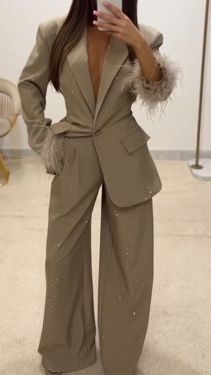 Women Laple Collar Hot Diamond Jacket+ Pants Temperament Commuting Set