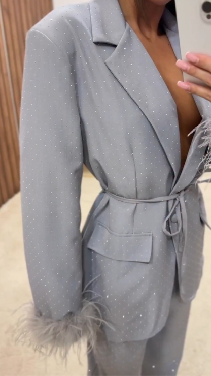 Women Laple Collar Hot Diamond Jacket+ Pants Temperament Commuting Set