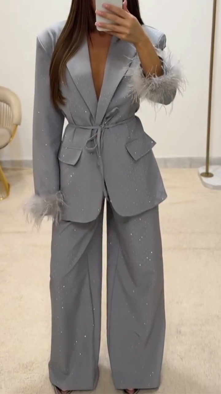 Women Laple Collar Hot Diamond Jacket+ Pants Temperament Commuting Set