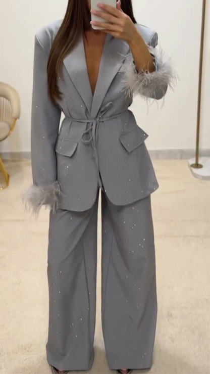 Women Laple Collar Hot Diamond Jacket+ Pants Temperament Commuting Set