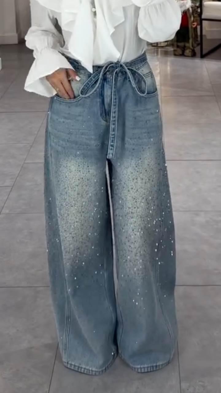 Women's Rhinestone Washed Wide-Leg Jeans with Belt