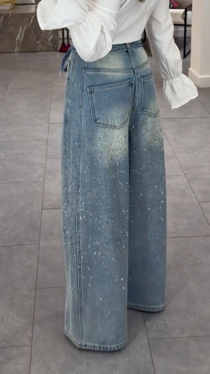 Women's Rhinestone Washed Wide-Leg Jeans with Belt