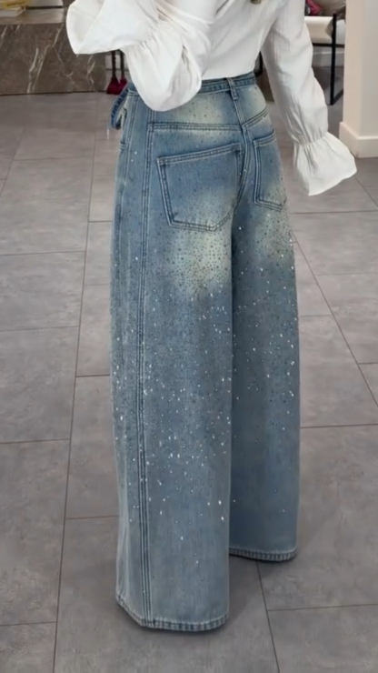 Women's Rhinestone Washed Wide-Leg Jeans with Belt