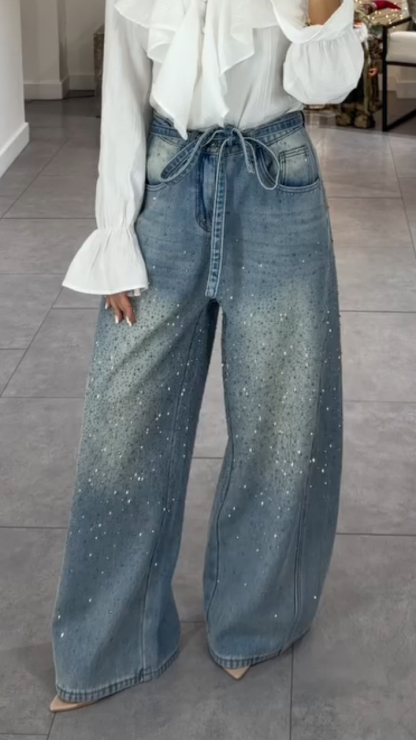 Women's Rhinestone Washed Wide-Leg Jeans with Belt