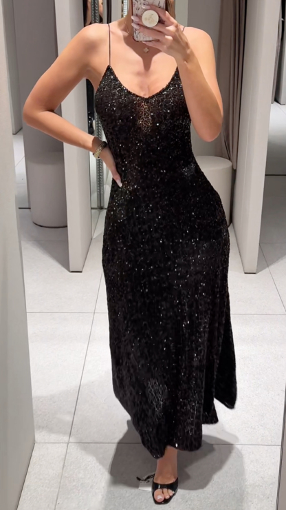 Women's V-neck Sequined Suspender Dress with A Fitted Waist