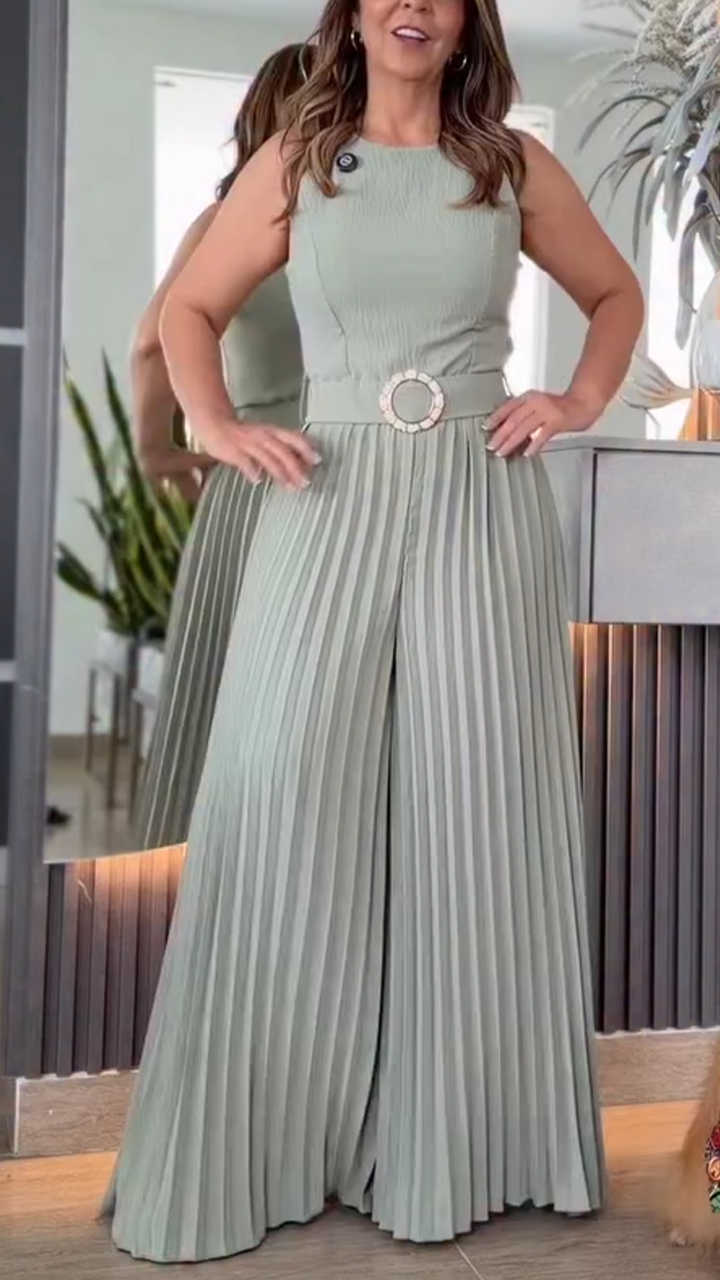 Womens Round Neck Patchwork Pleated Temperament Casual Jumpsuit