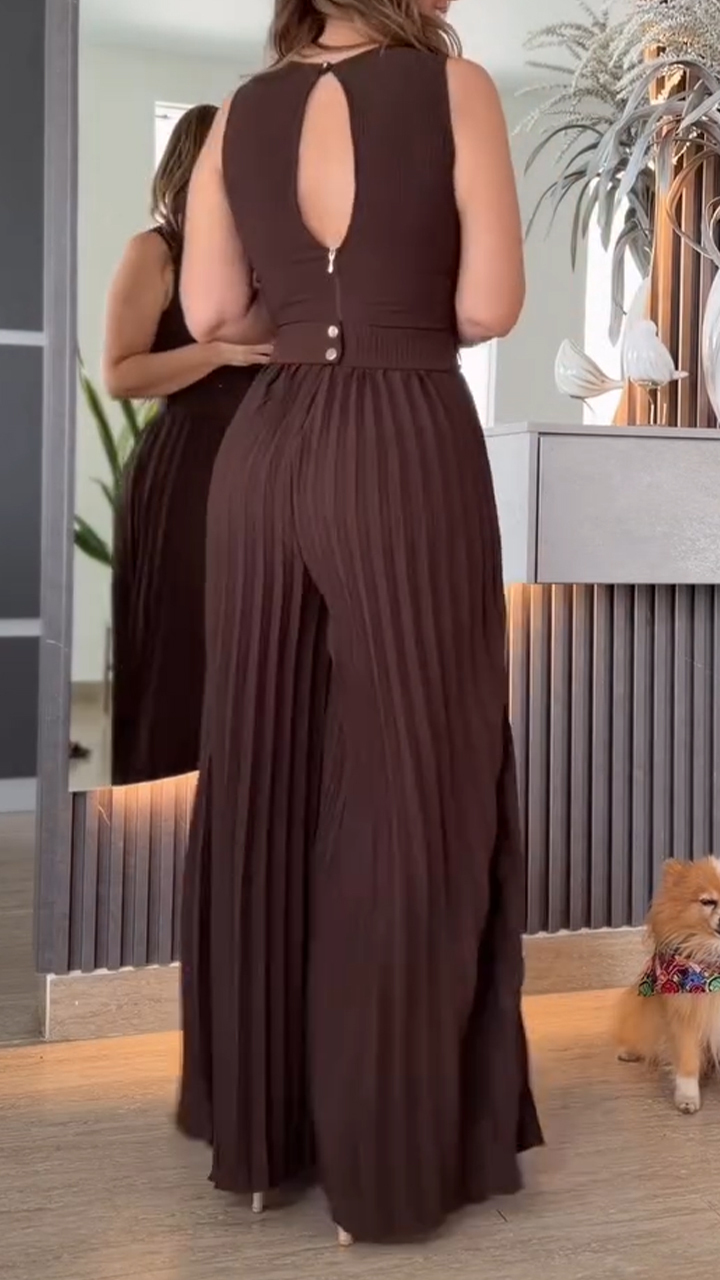 Womens Round Neck Patchwork Pleated Temperament Casual Jumpsuit