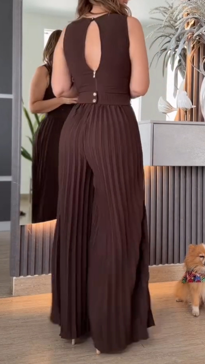 Womens Round Neck Patchwork Pleated Temperament Casual Jumpsuit