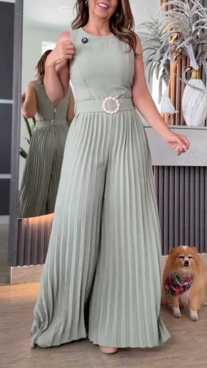 Womens Round Neck Patchwork Pleated Temperament Casual Jumpsuit