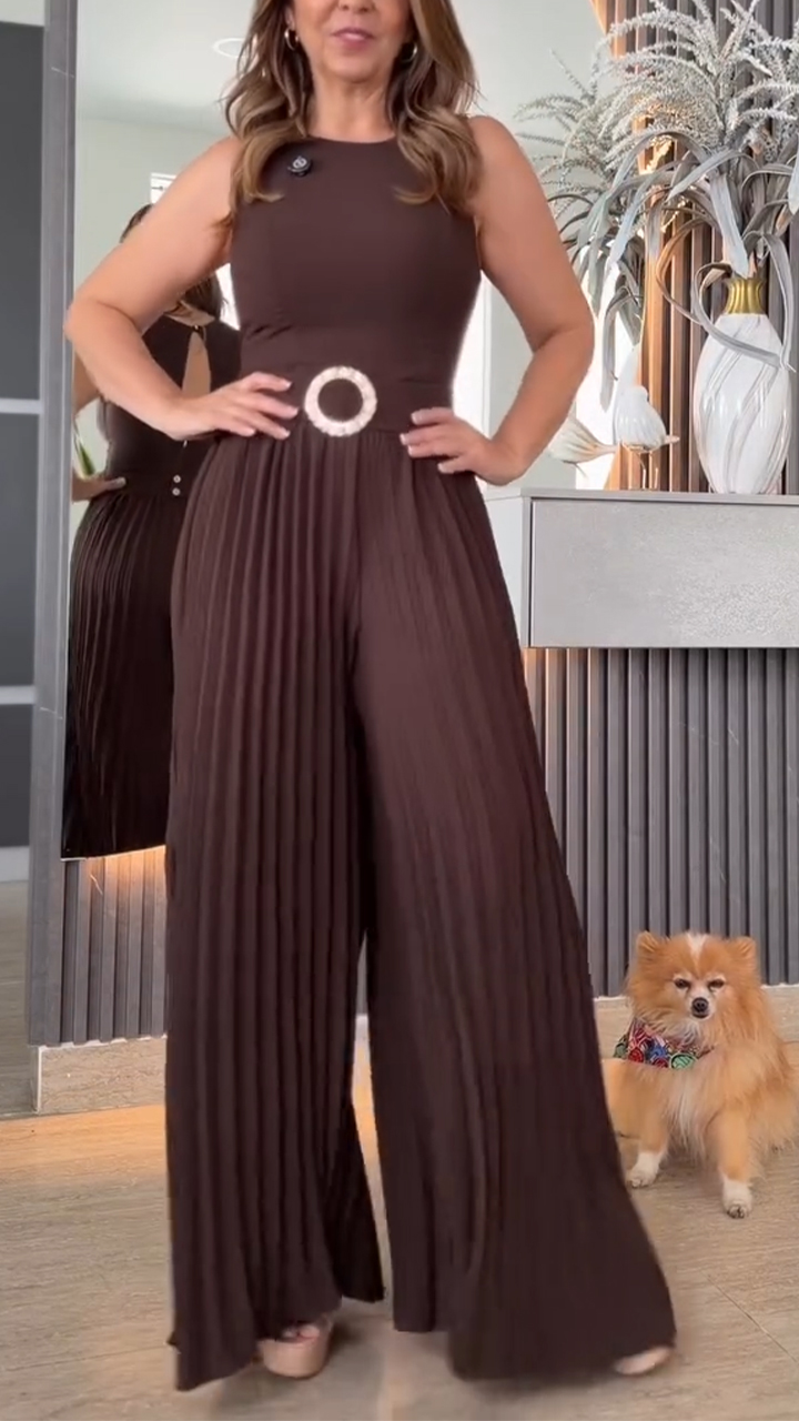 Womens Round Neck Patchwork Pleated Temperament Casual Jumpsuit