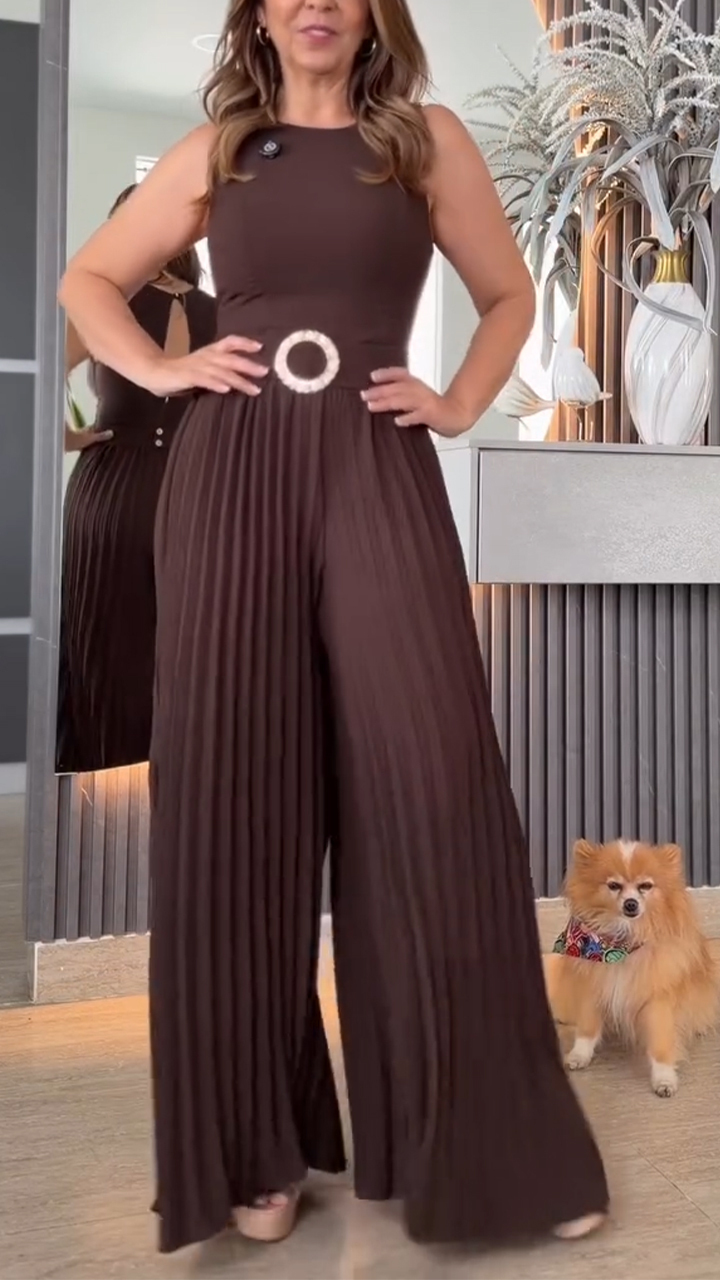 Womens Round Neck Patchwork Pleated Temperament Casual Jumpsuit