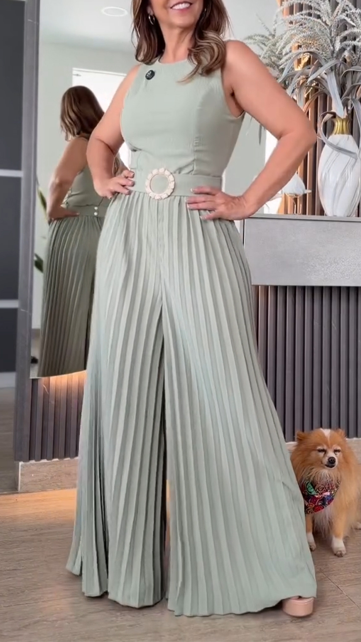 Womens Round Neck Patchwork Pleated Temperament Casual Jumpsuit