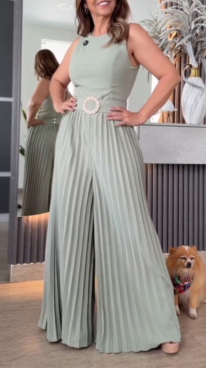 Womens Round Neck Patchwork Pleated Temperament Casual Jumpsuit