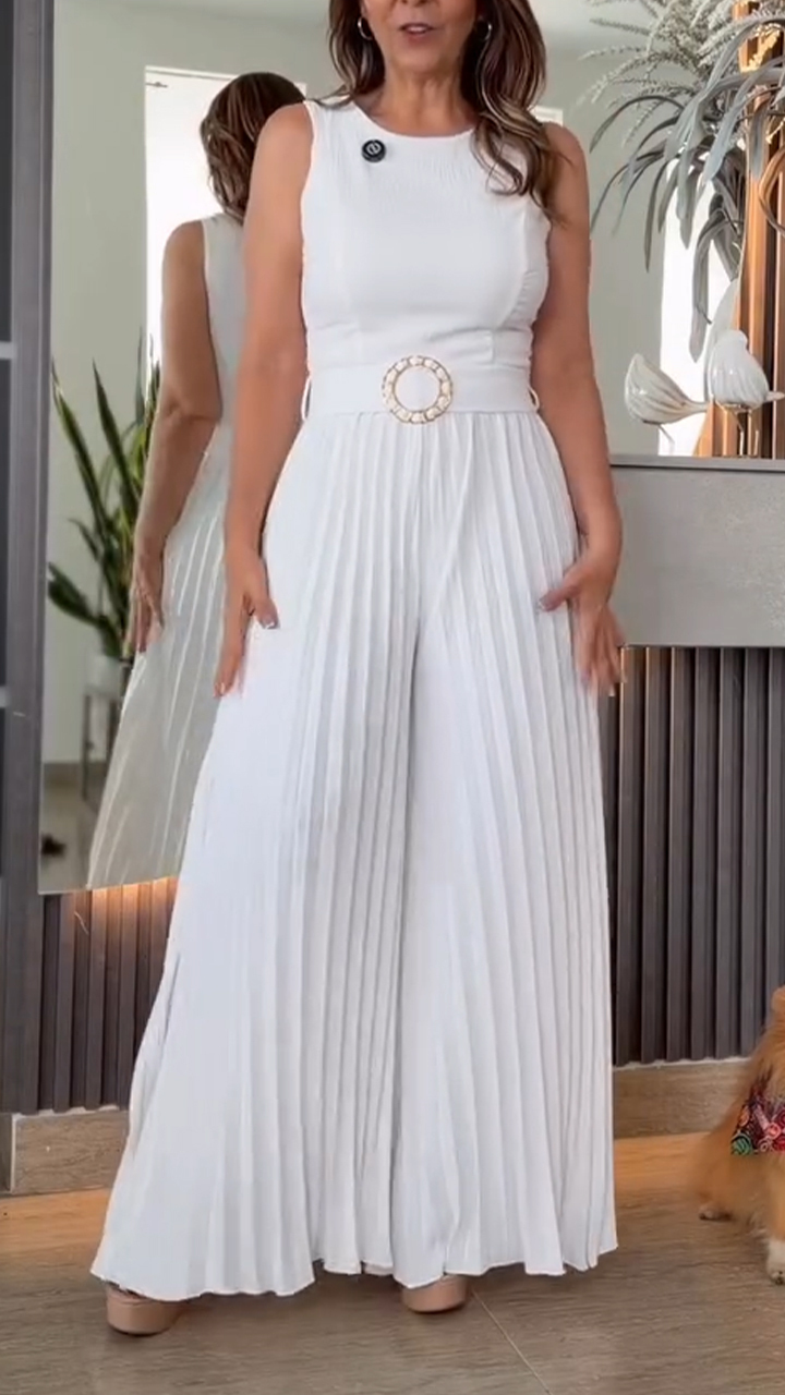 Womens Round Neck Patchwork Pleated Temperament Casual Jumpsuit