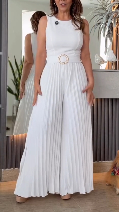 Womens Round Neck Patchwork Pleated Temperament Casual Jumpsuit