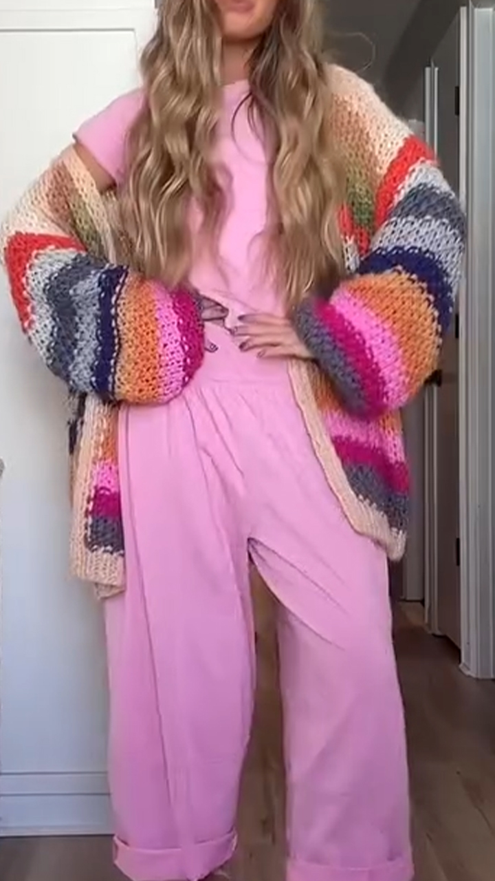 Women Round Neck Solid Color Set+ Knitted Colorful Cardigan Casual Set