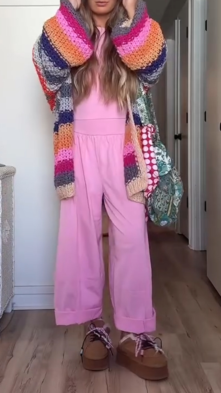 Women Round Neck Solid Color Set+ Knitted Colorful Cardigan Casual Set