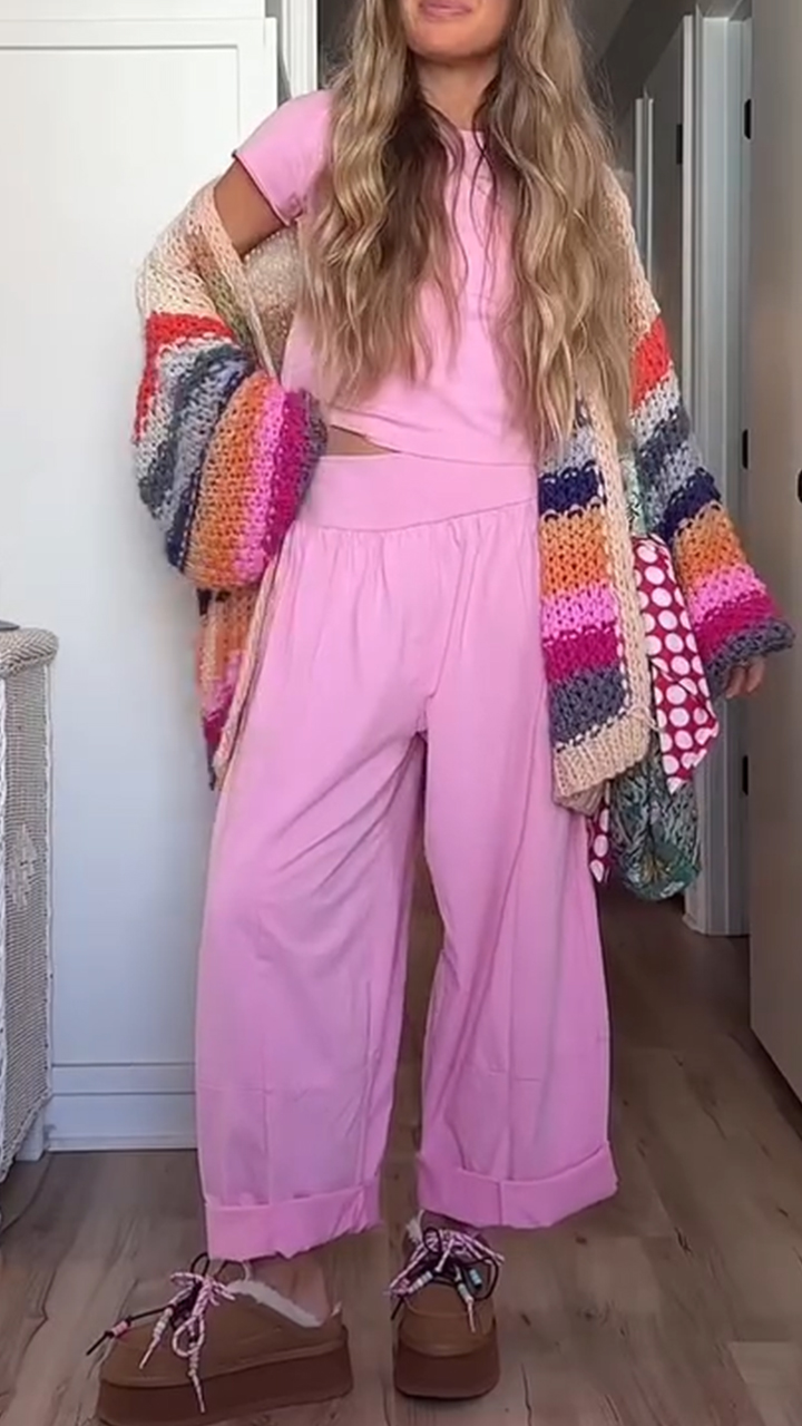 Women Round Neck Solid Color Set+ Knitted Colorful Cardigan Casual Set