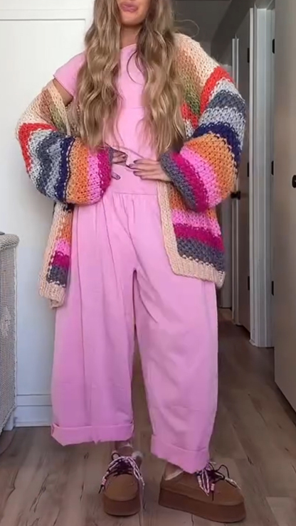 Women Round Neck Solid Color Set+ Knitted Colorful Cardigan Casual Set