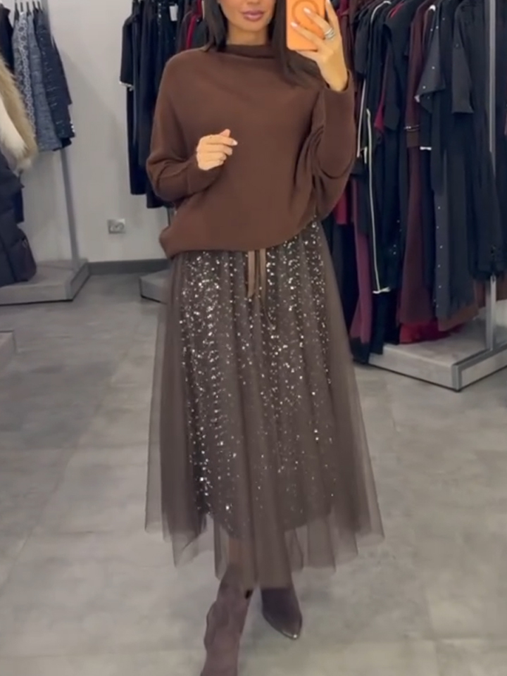 Women Interior Patchwork Mesh Sequin Dress+ Top Casual Suit