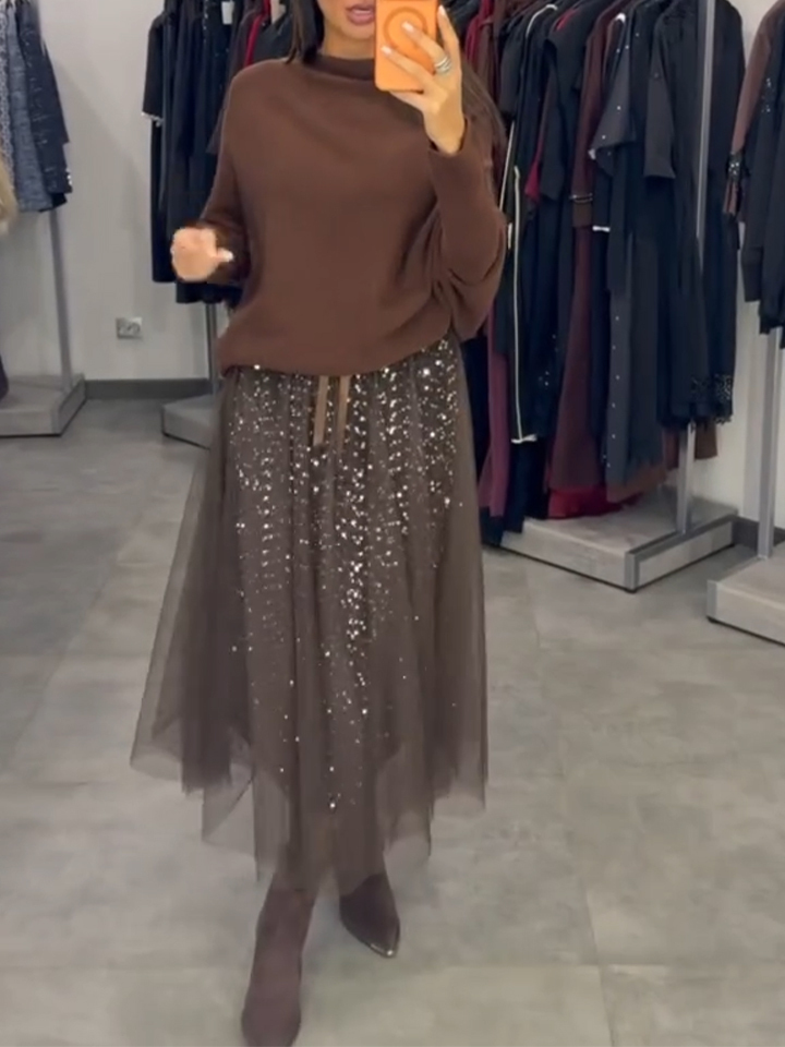 Women Interior Patchwork Mesh Sequin Dress+ Top Casual Suit